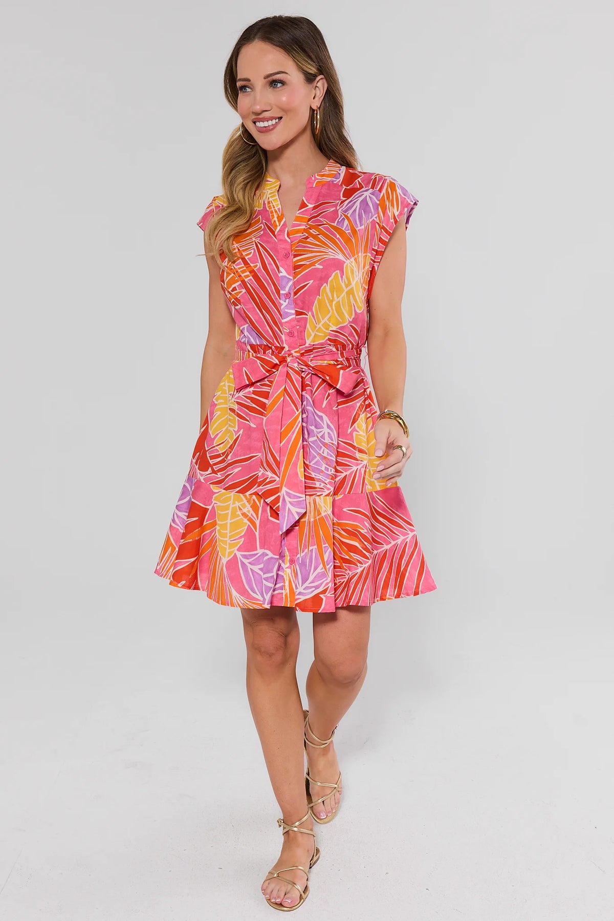 Erica Pink Palm Print Short Dress - Full Length Front, Styled with Gold Sandals | Avara