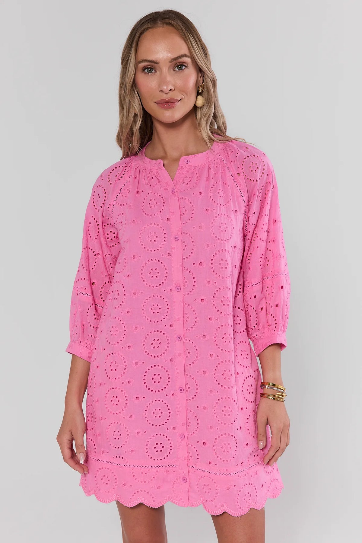 Pink eyelet embroidered short dress - Front View, modest 3/4 sleeves and scalloped hem | Avara
