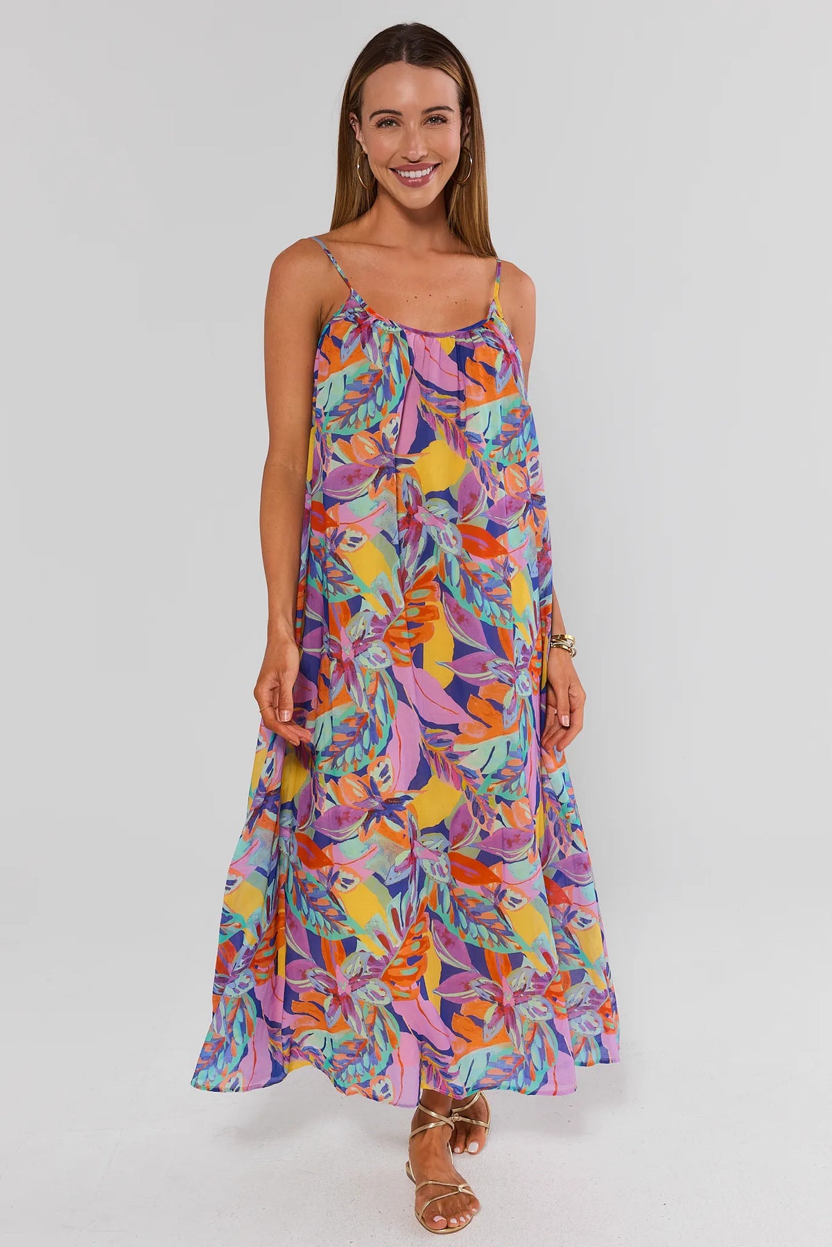 Tropical Multi Printed Midi Dress full-length front view on model with gold sandals, flowy women's vacation dress | Avara