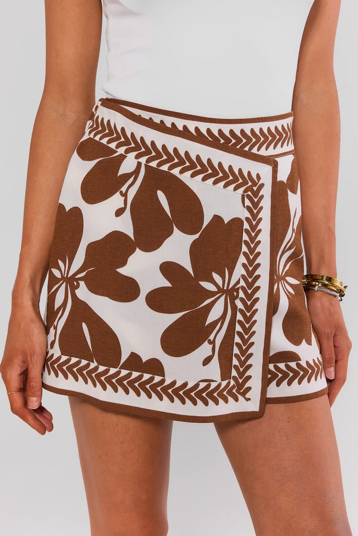 Brown Floral Print Wrap Skort Close-Up Front Detail, Wrap Silhouette | Avara