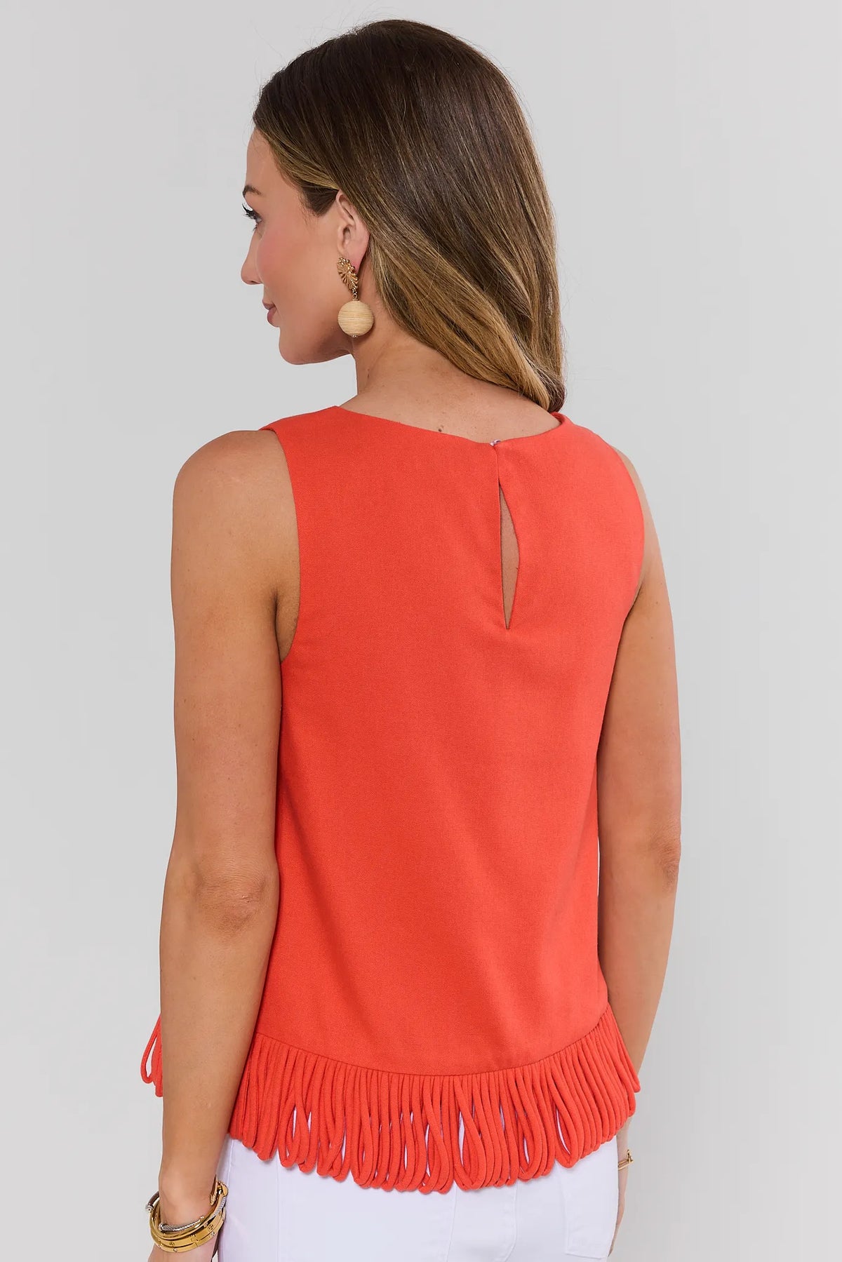 Angelina Orange Fringe Top showing keyhole back detail and fringe hem - Back View | Avara