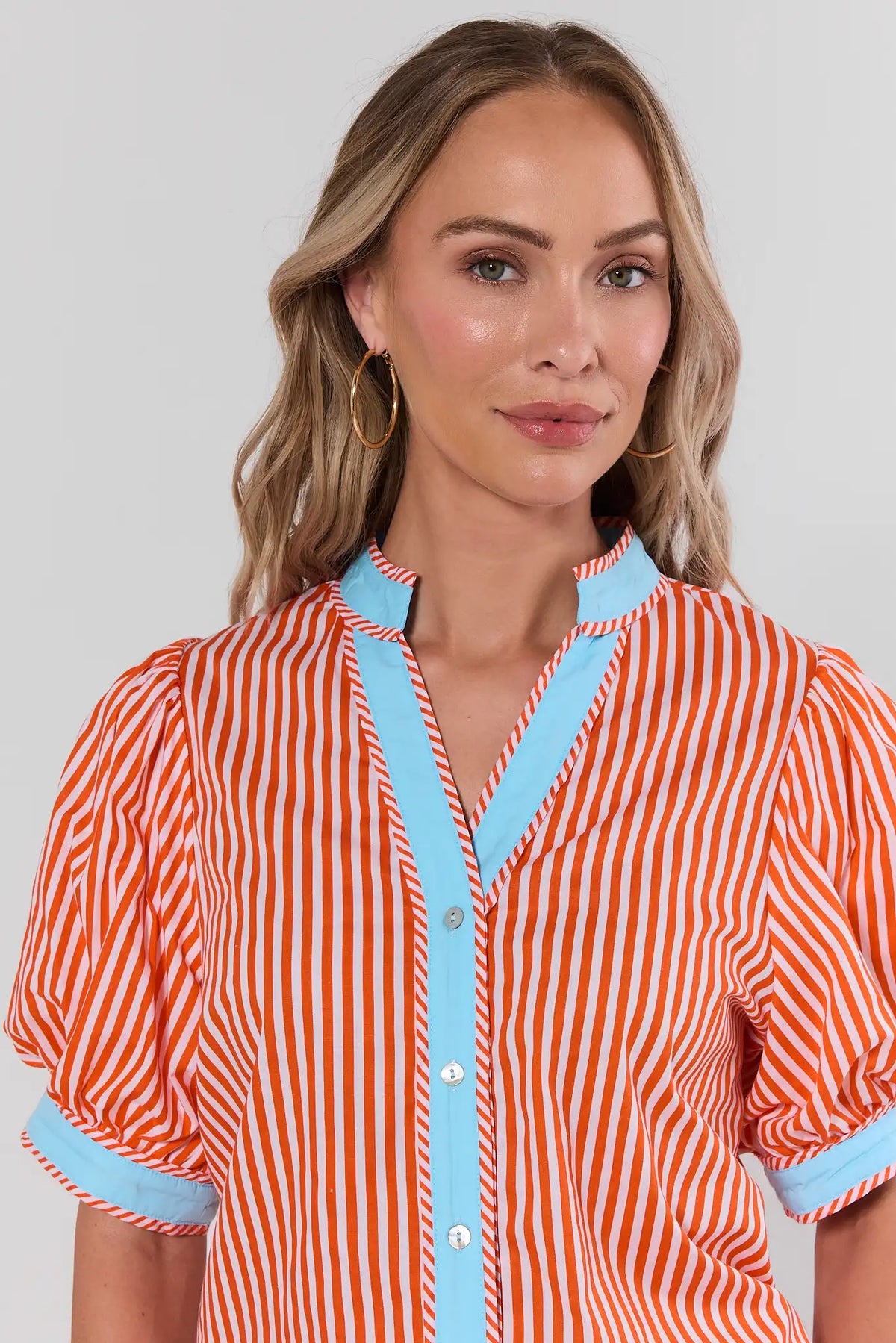 Maisie Orange Striped Top aqua contrast collar and button trim - Close-Up Detail | Avara