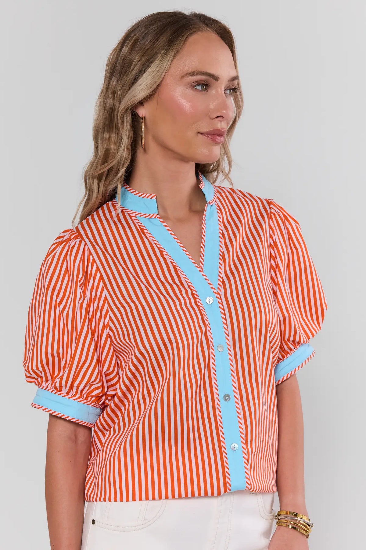 Maisie Orange Stripe Contrast Trim Top with aqua trim, puff sleeves - Side View | Avara