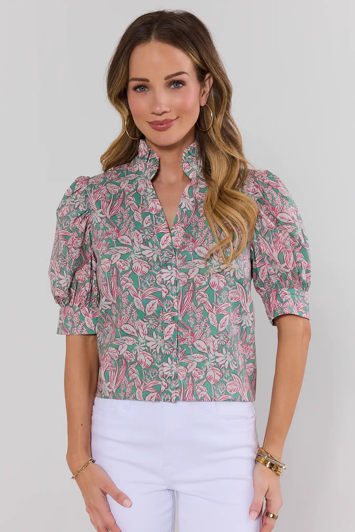 Green & pink floral puff sleeve button-up top styled with white jeans - Front View | Avara