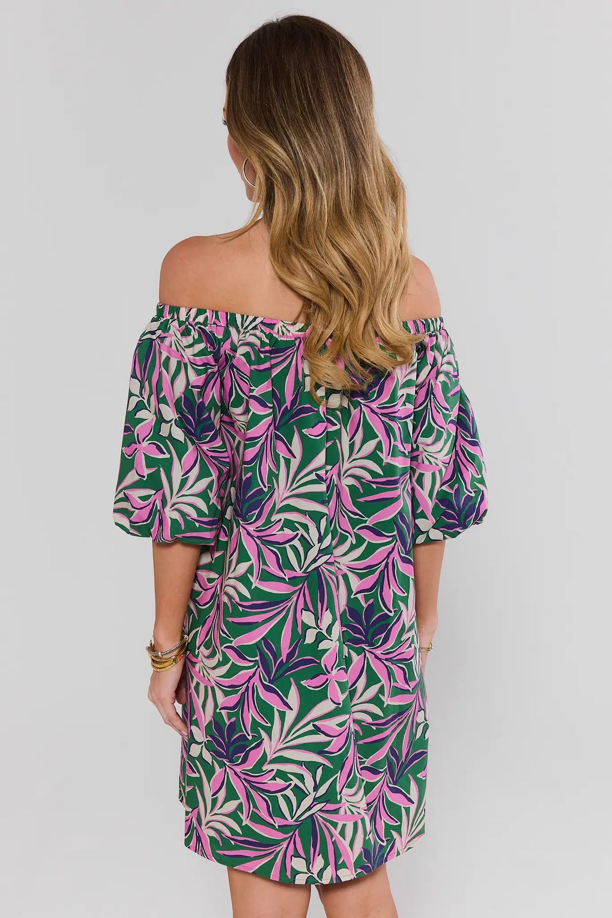 Green Palm Print Off-Shoulder Short Dress, Back View On Model | Avara