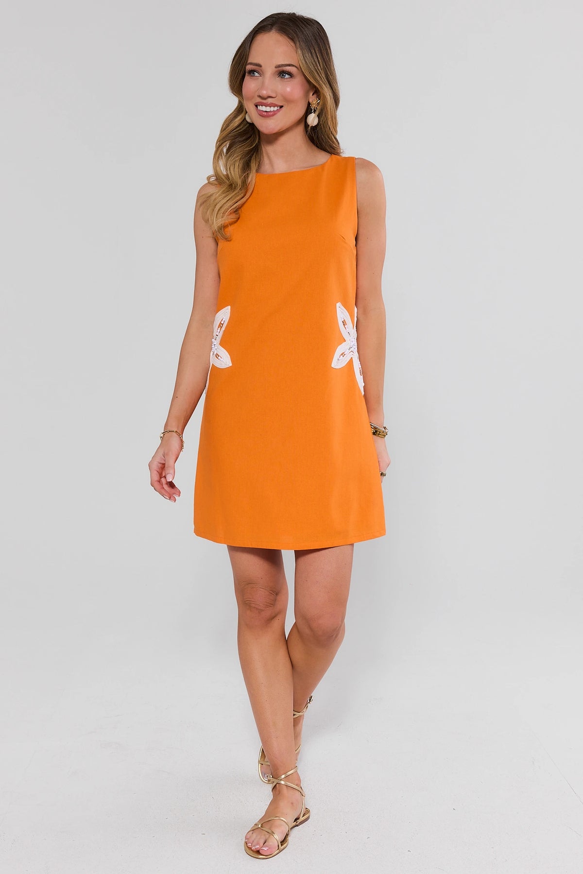 Orange Floral Embroidered Short Dress full-length front view styled with gold strappy sandals, A-line silhouette | Avara
