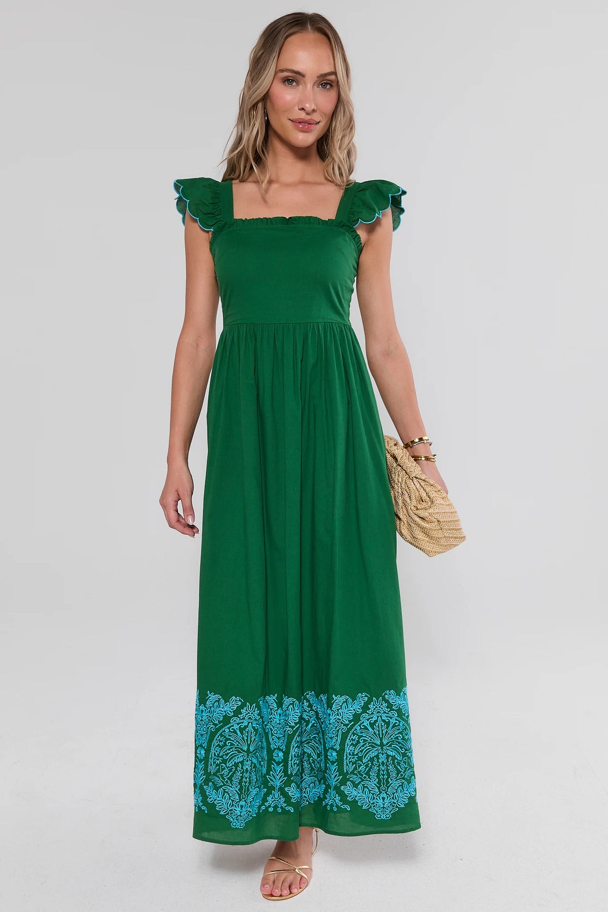 Green Flutter Sleeve Maxi Dress with turquoise embroidered hem - Front View | Avara