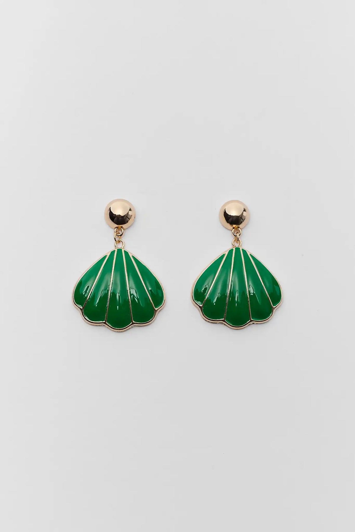 Green enamel shell drop earrings with gold-tone studs - Flat Lay | Avara