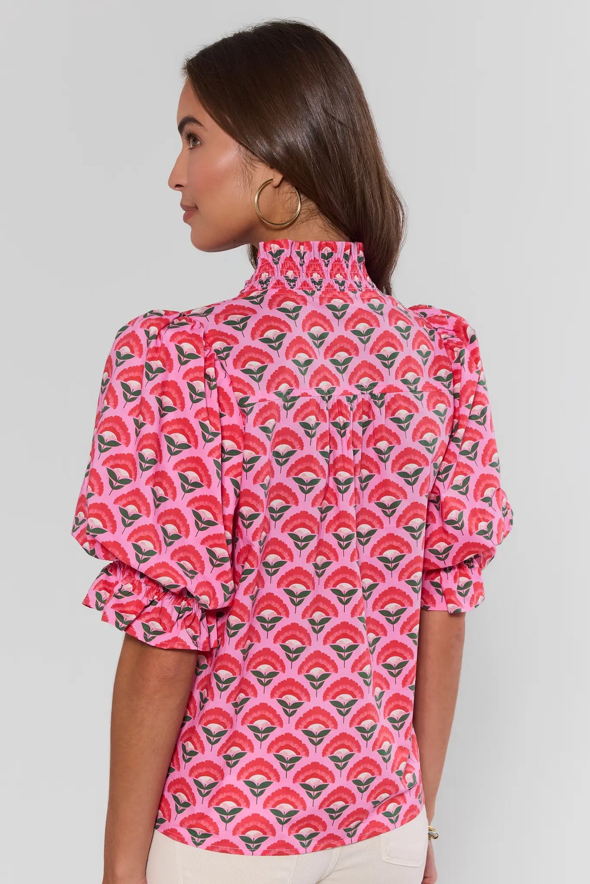 Nancy Pink Printed Ruffle Detail Top - Back View Showing Smocked Neckline Detail | Avara