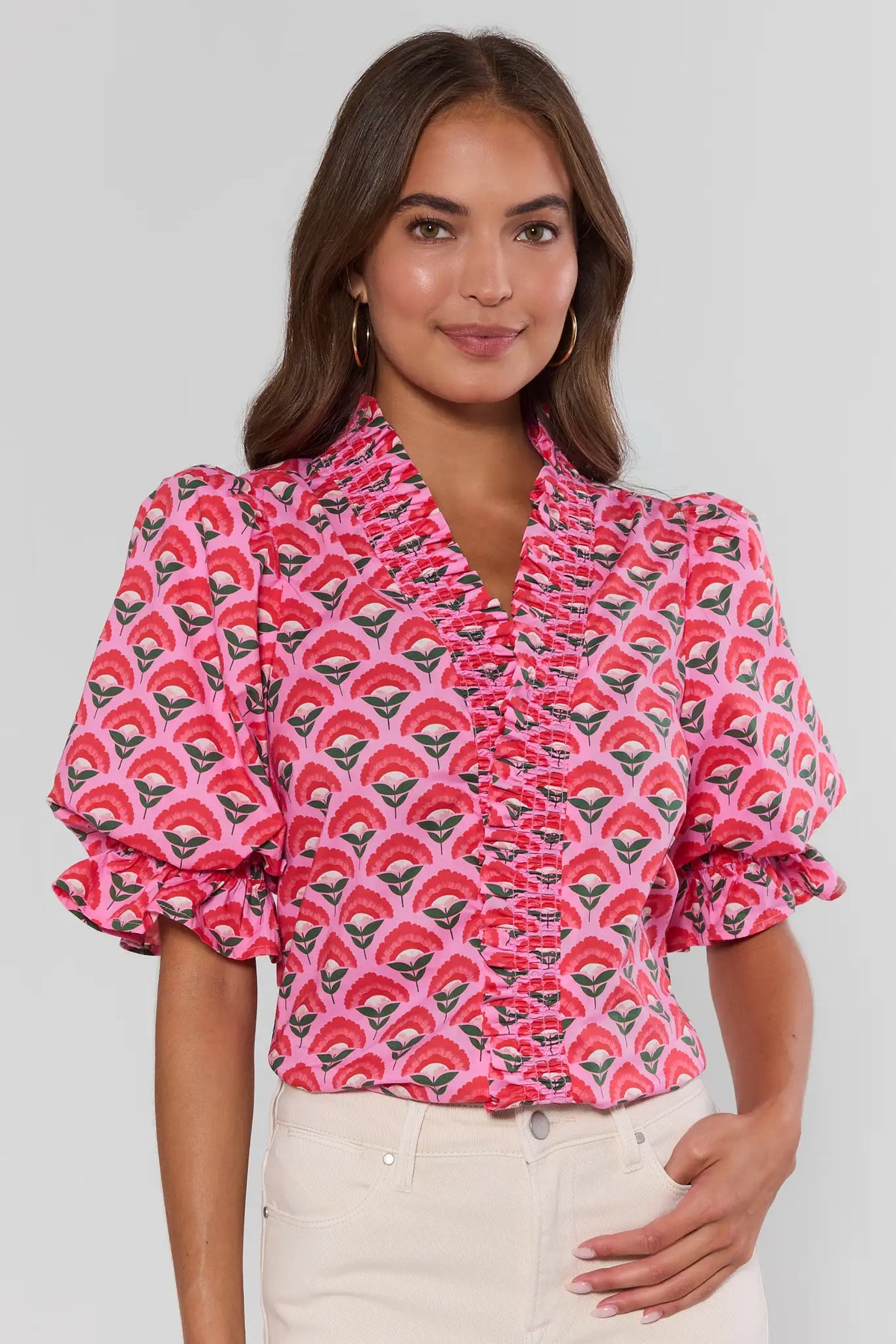 Nancy Pink Floral Printed Ruffle Detail Top - Front On Model with White Jeans | Avara