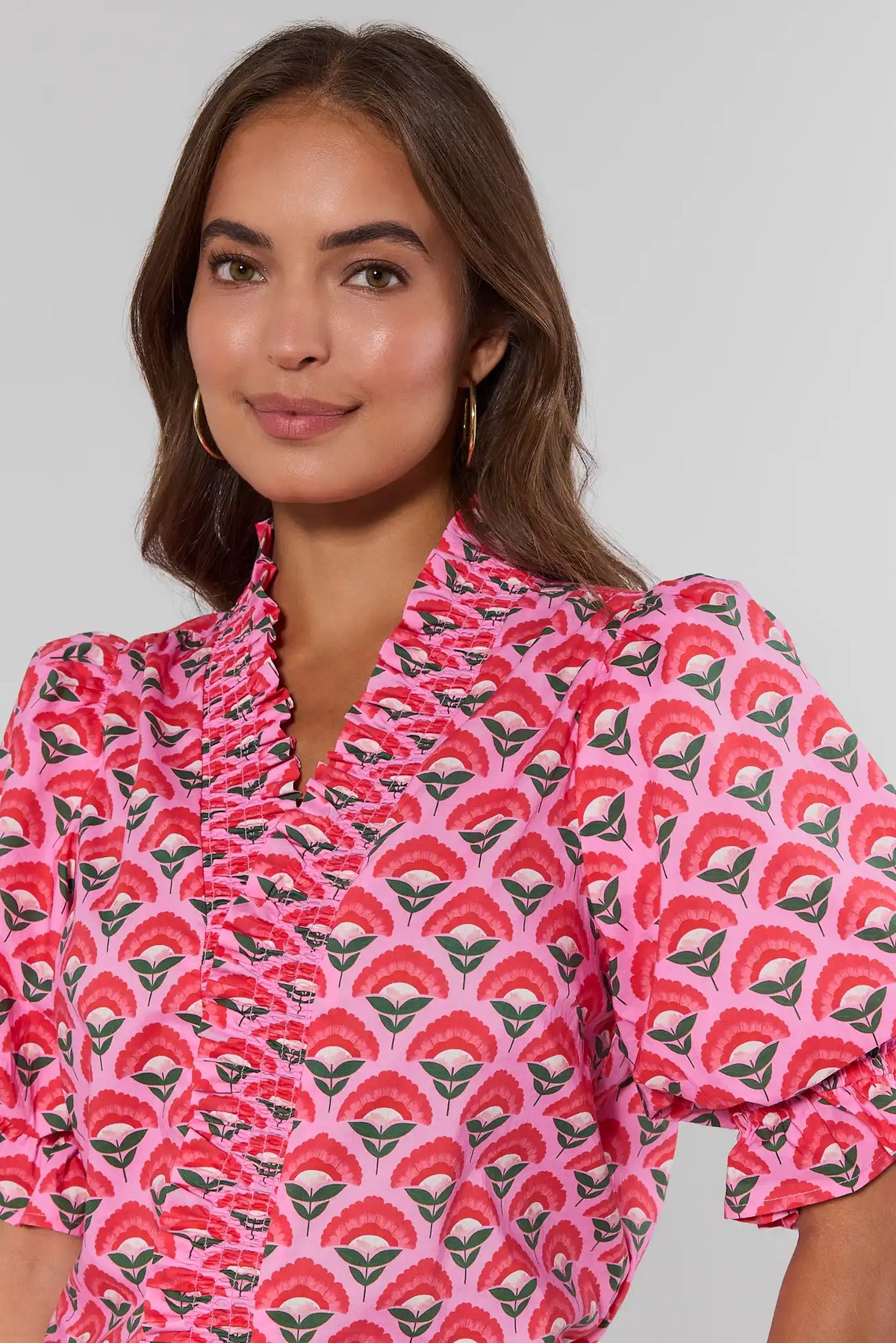 Nancy Pink Printed Ruffle Detail Top - Close-Up Smocked V-Neck & Floral Print | Avara