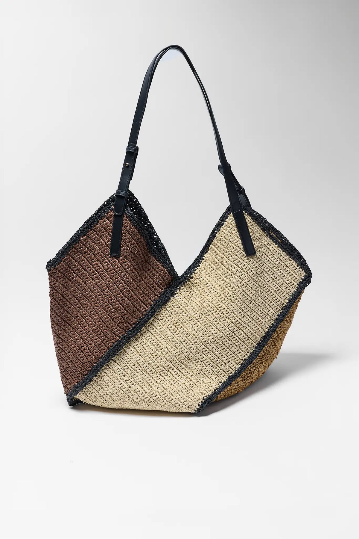 Brown woven tote bag with black contrast trim and leather straps - Front View | Avara