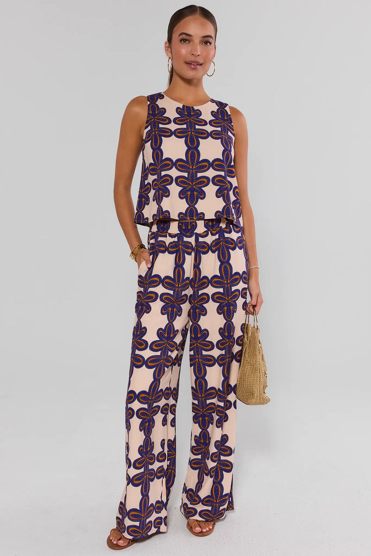 Cecilia Ivory Printed Wide Leg Pants with matching top - Full Length Front View | Avara