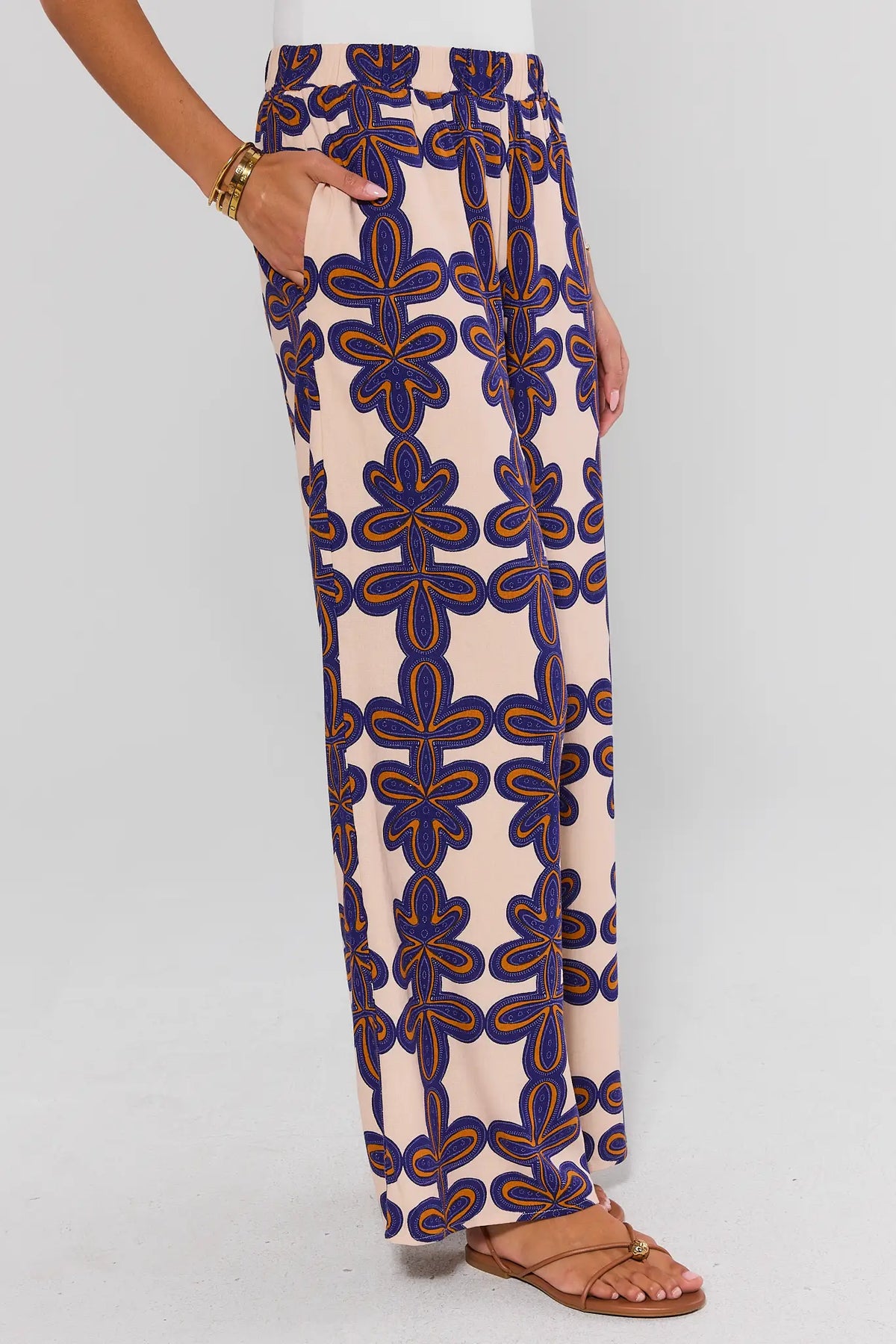 Cecilia Ivory Printed Wide Leg Pants with side pocket - Side Profile View | Avara