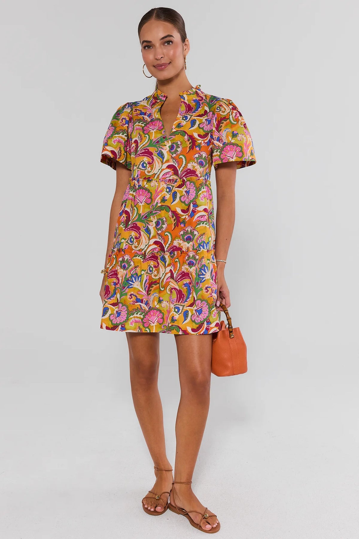 Evan Multi Paisley Printed Short Dress - Full Length Front View with Orange Bag | Avara