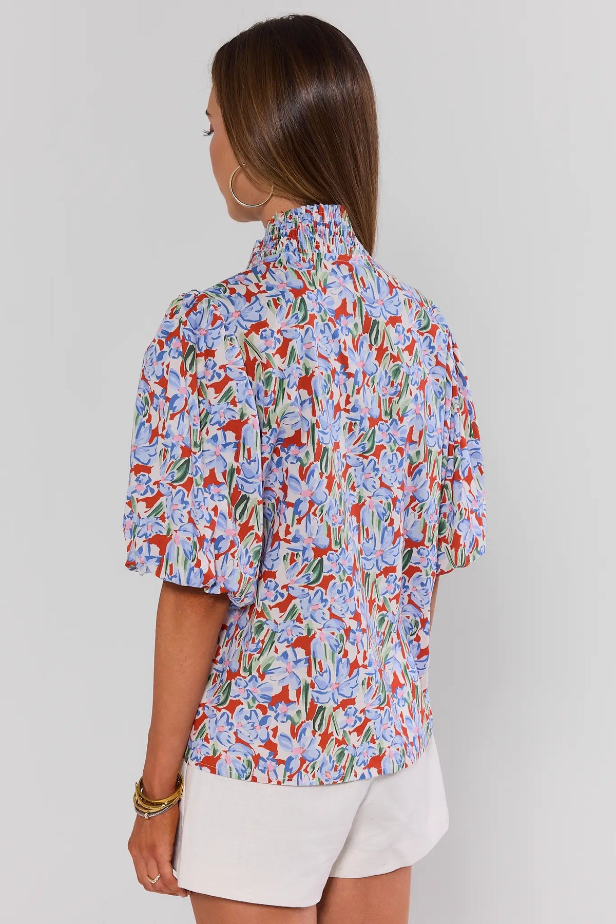 Melanie Printed Puff Sleeve Top orange & blue floral - Back View, floral top for women | Avara