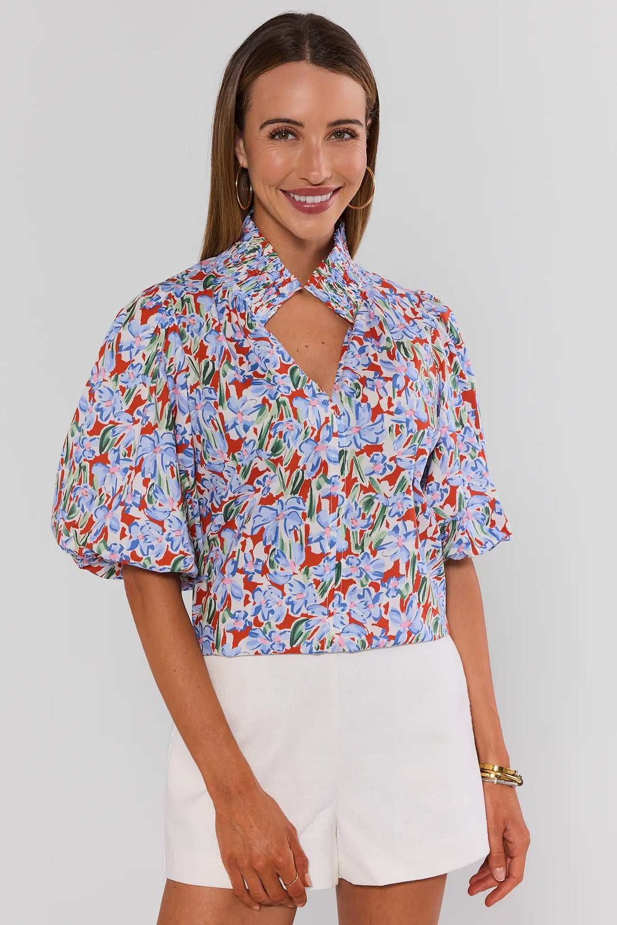 Melanie Printed Puff Sleeve Top in orange & blue floral - Front View, cute top for women | Avara