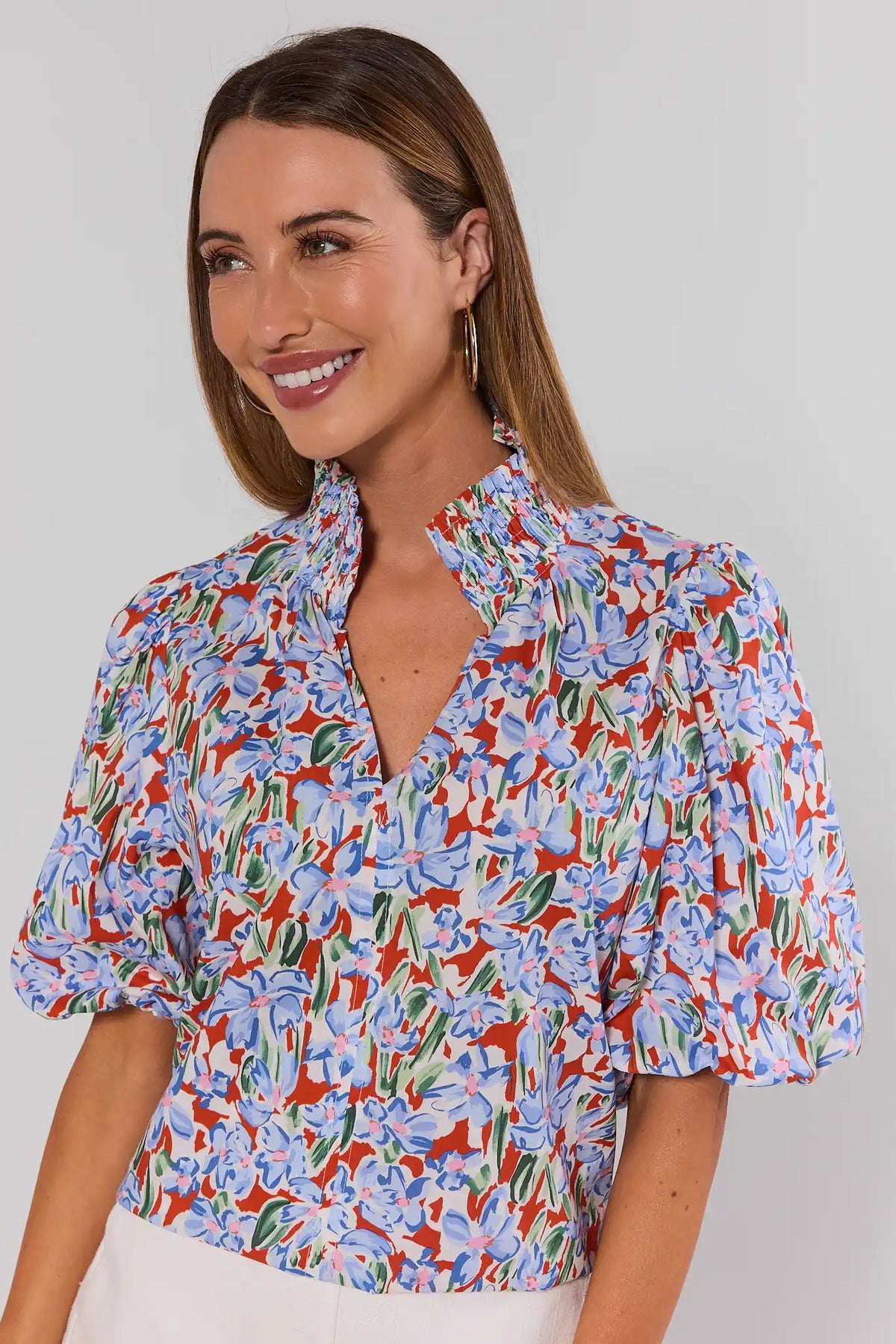 Melanie Printed Puff Sleeve Top orange blue floral - Split Neck & Smocked Collar Close-Up | Avara