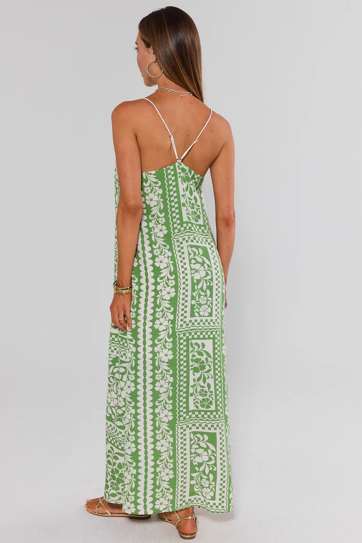 Green Printed Maxi Dress - Back View, Open Back & Spaghetti Straps | Avara