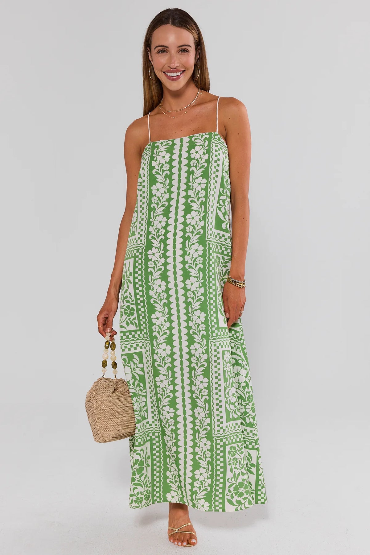 Green Printed Maxi Dress - Front View, On Model with Straw Bag | Avara