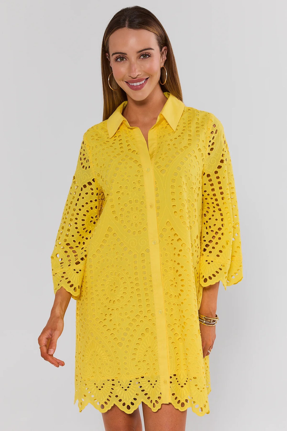 Yellow Eyelet Mini Dress with collar and scalloped hem - Front View | Avara