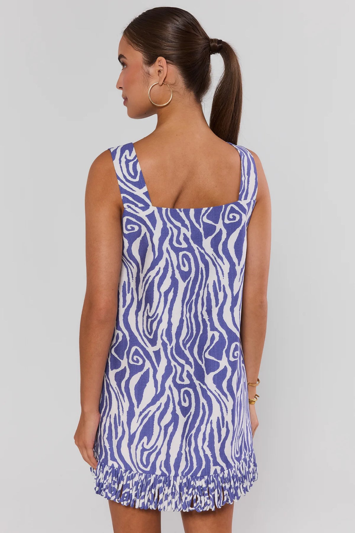 Angelina Blue Zebra Print Mini Dress fringe hem back view - Back View On Model | Avara