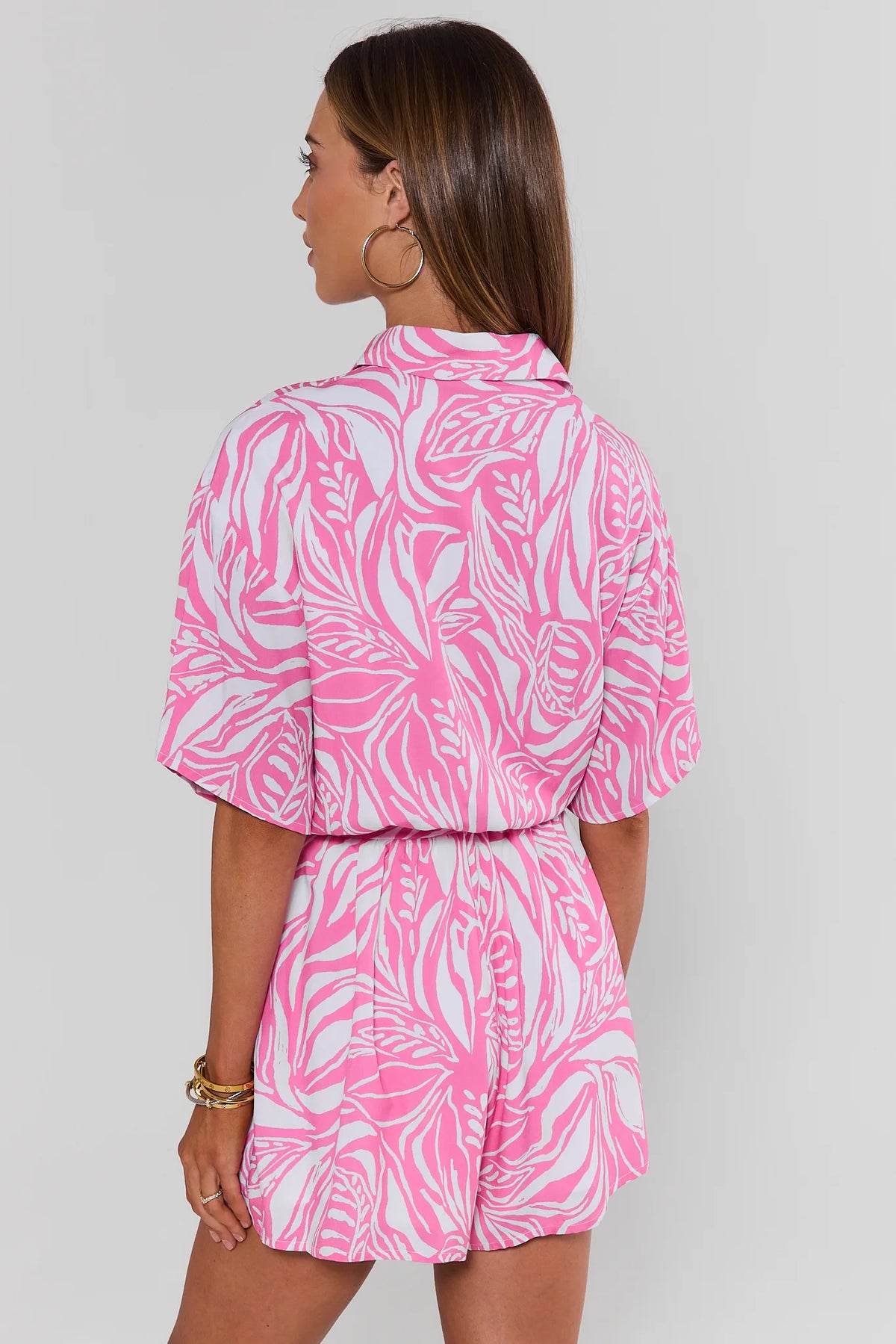 Pink Print Button Up Romper - Back View, Relaxed Silhouette & Print | Avara