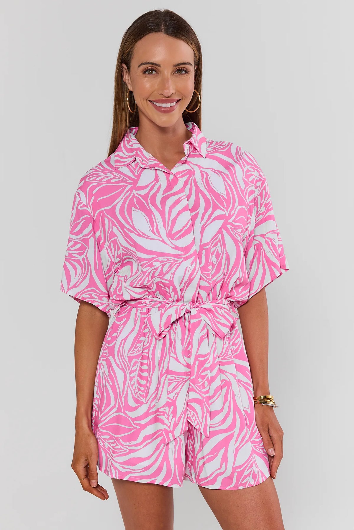 Pink Print Button Up Romper - Front View, Tie-Waist Botanical Print | Avara