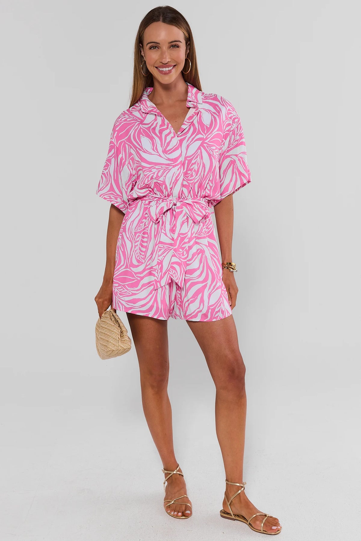 Pink Print Button Up Romper - Full-Length Front, Styled with Gold Sandals | Avara