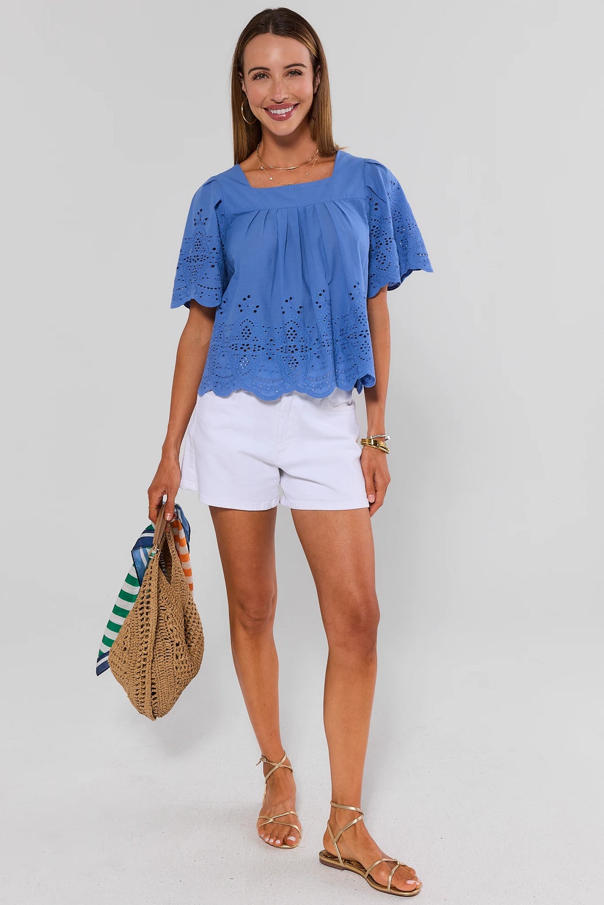 Blue Square Neck Eyelet Top styled with white shorts and straw bag, gold sandals - Full Length Styled Look | Avara