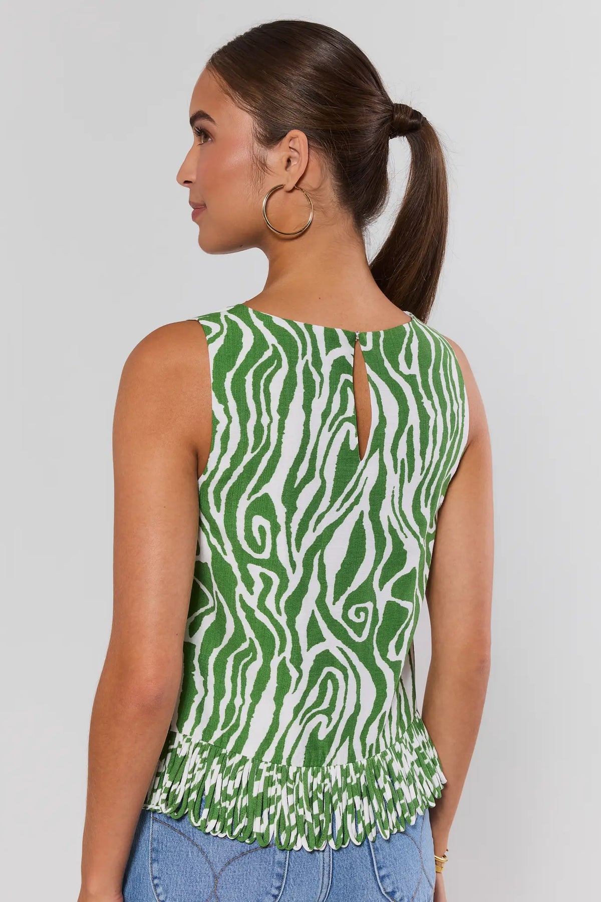 Angelina Green Zebra Fringe Top back view showing keyhole closure and pleated fringe trim | Avara