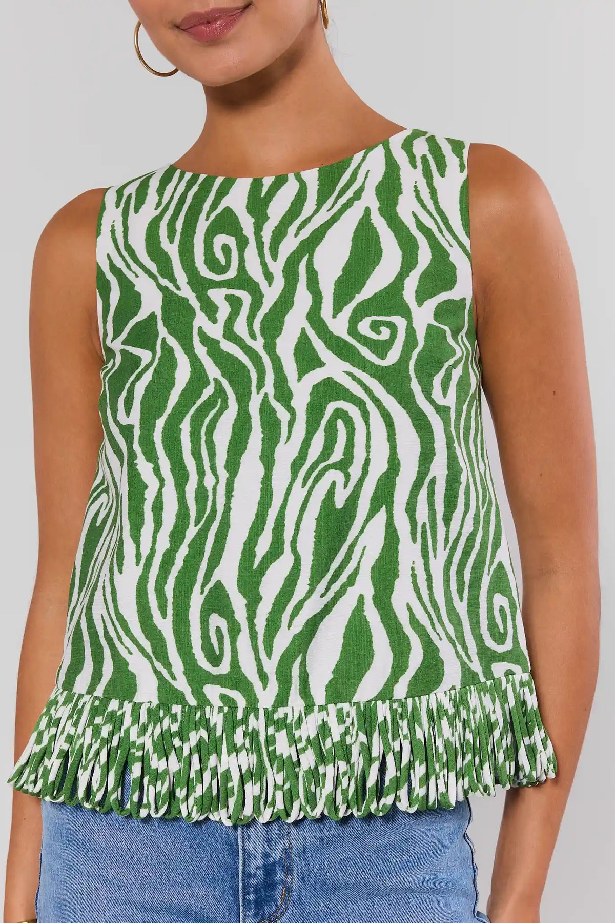 Green zebra print sleeveless top with looped fringe trim detail - Front Close-Up | Avara