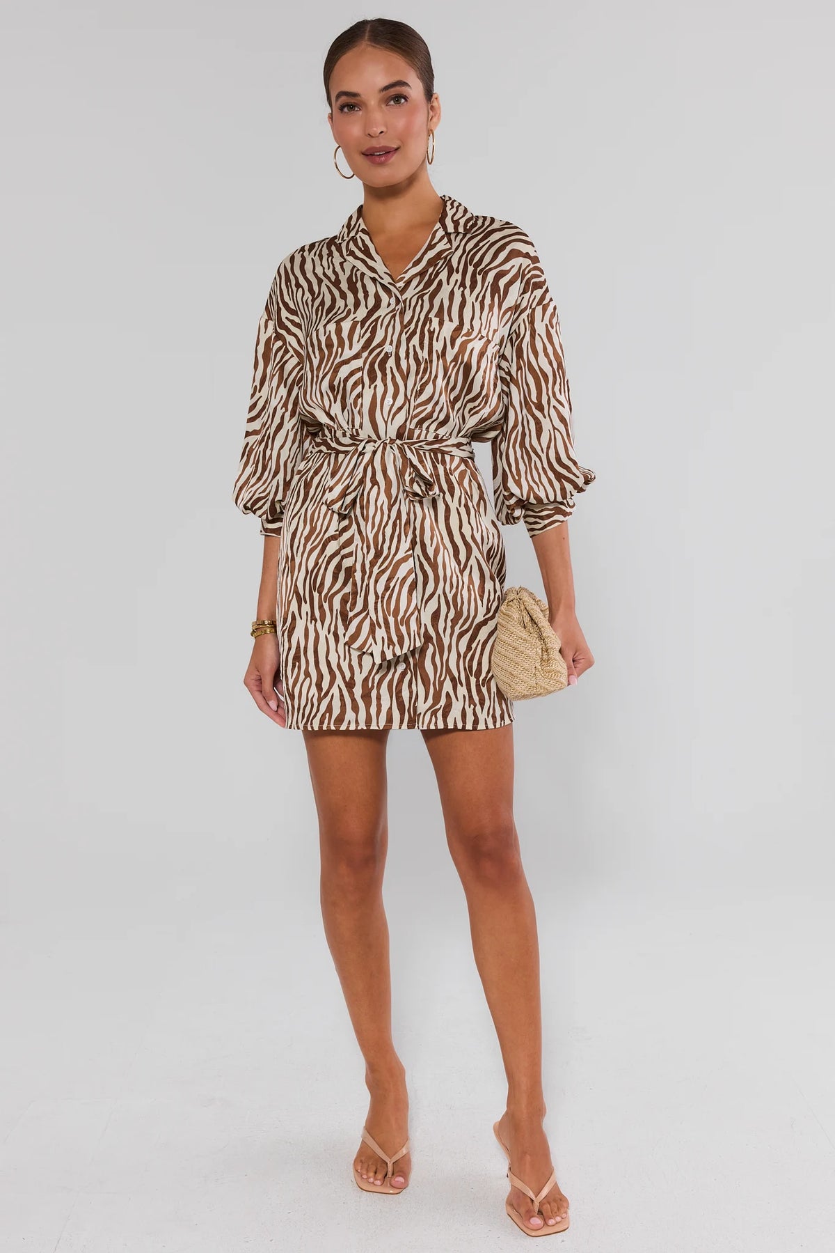 Brown and white zebra print mini dress with self-tie waist belt - Back View | Avara