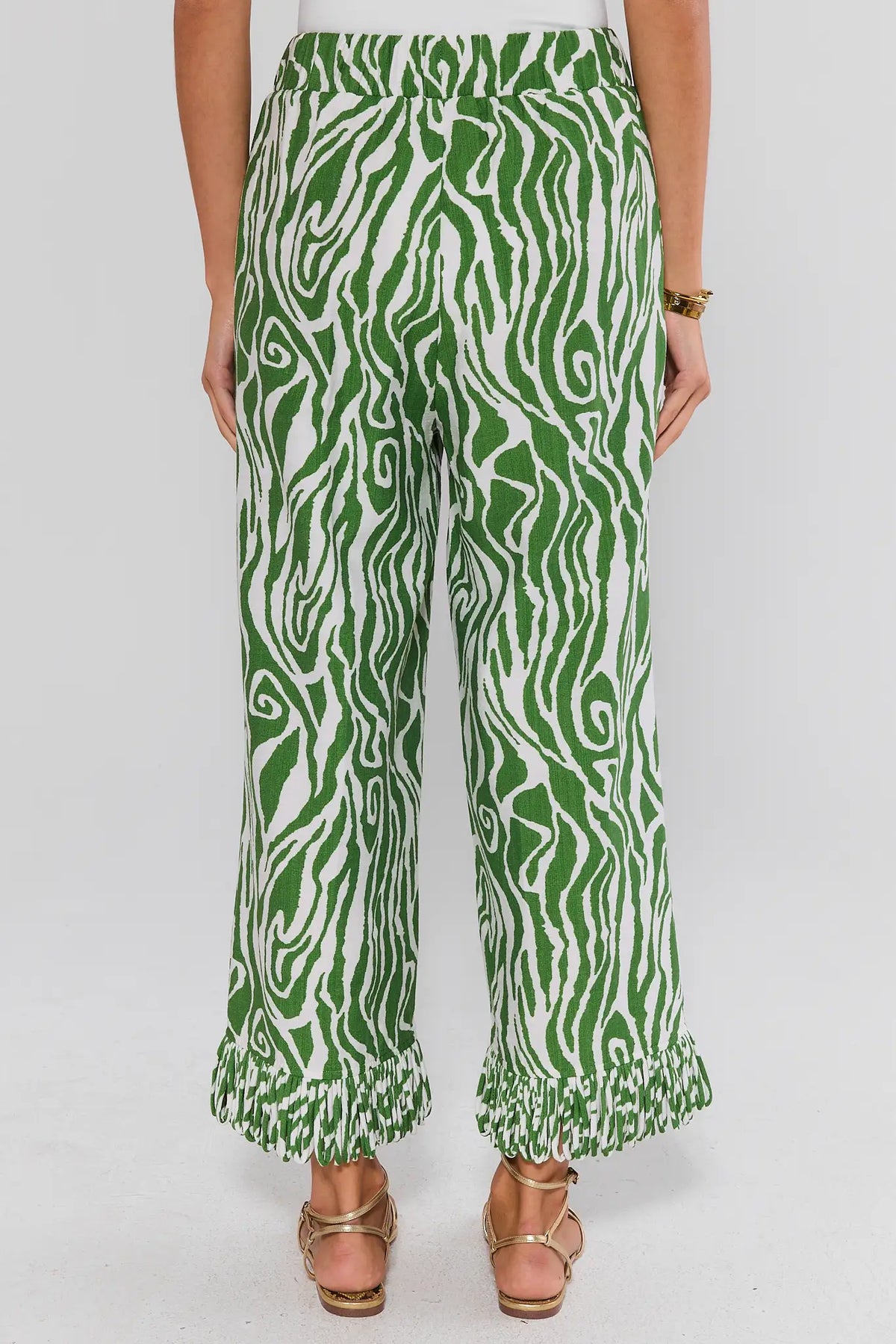 Green Zebra Print Fringe Pants back view showing elastic waist and ruffle hem | Avara
