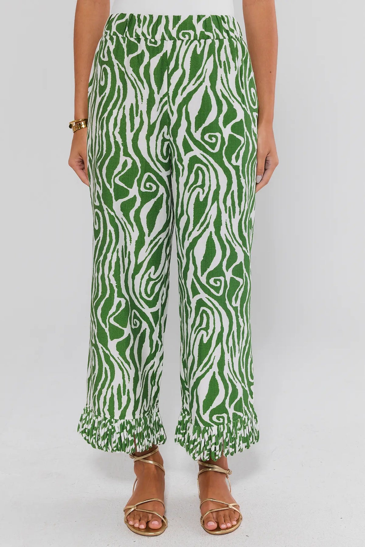 Green Zebra Print Cropped Fringe Pants with elastic waist, front close-up | Avara