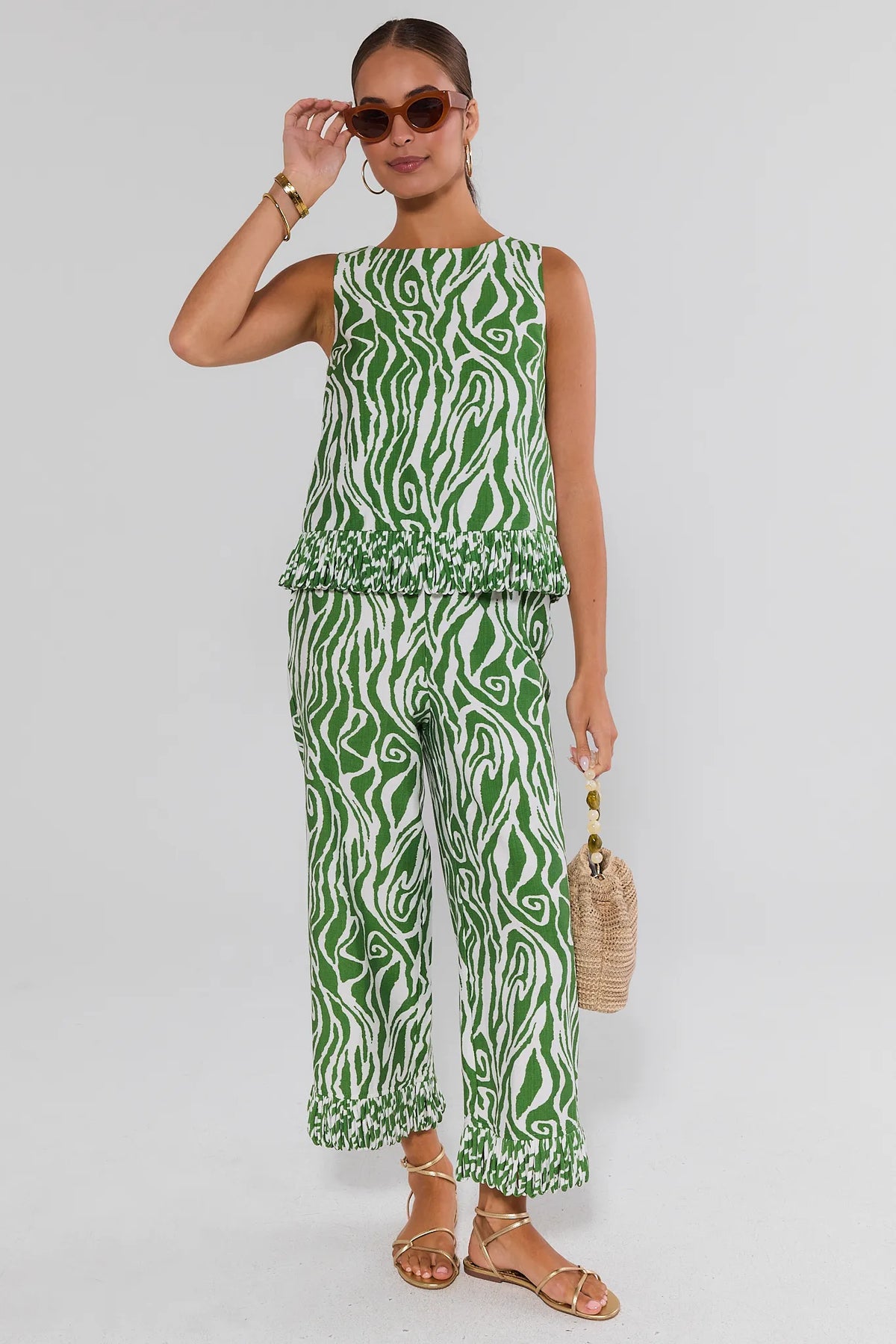 Green Zebra Print Fringe Pants styled with matching top, full-length front view | Avara