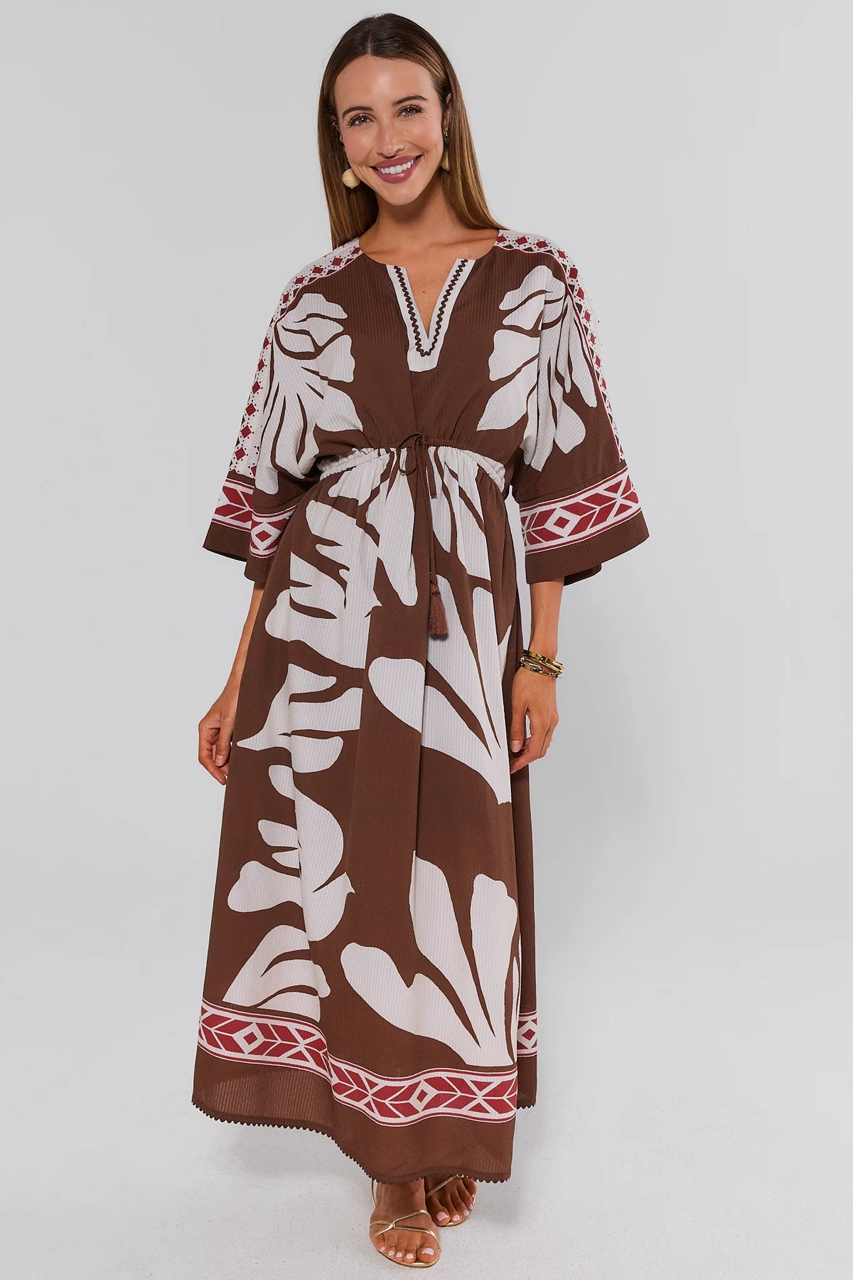 Brown Palm Print Maxi Dress with drawstring waist - Front View On Model | Avara