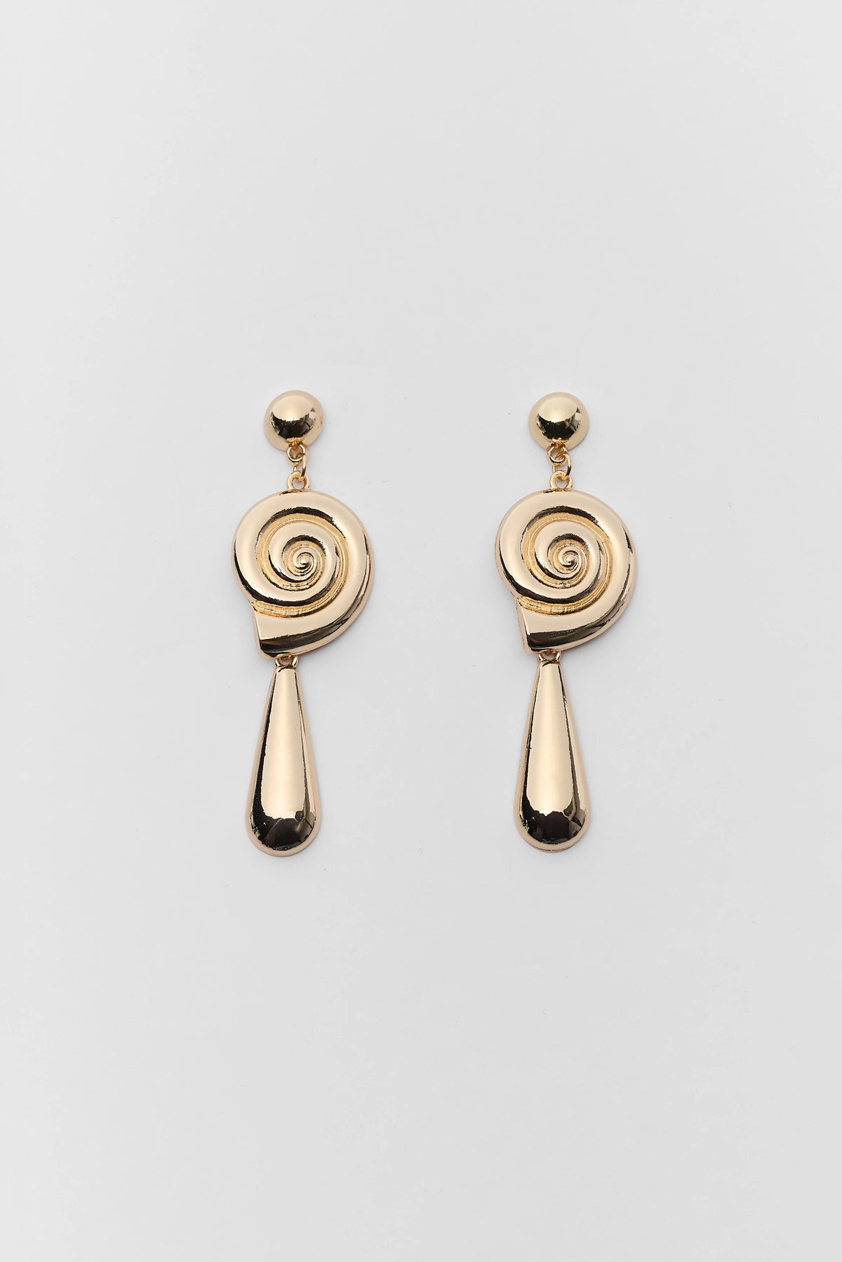 Gold Shell Drop Earrings with spiral detail and teardrop pendant - Flat Lay | Avara