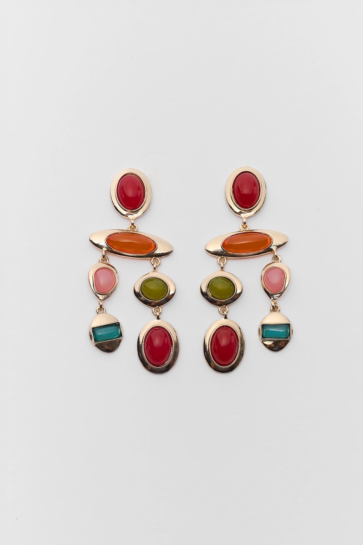 Gold mixed stone drop earrings with colorful red, orange, pink, green, and teal stones - Flat Lay Pair | Avara
