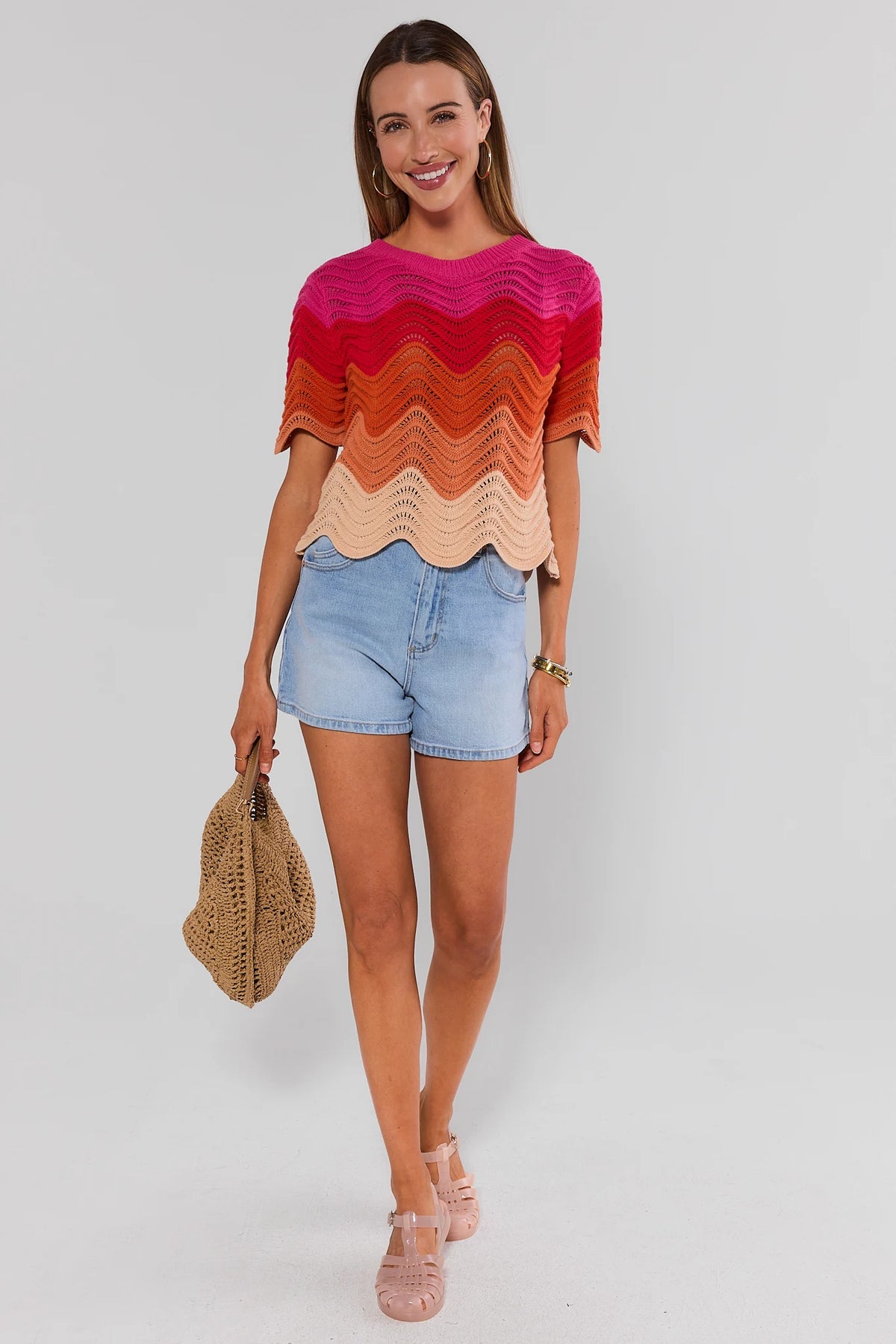 Pink Color Block Knit Top styled with denim shorts and woven bag - Full Length Styled Look | Avara