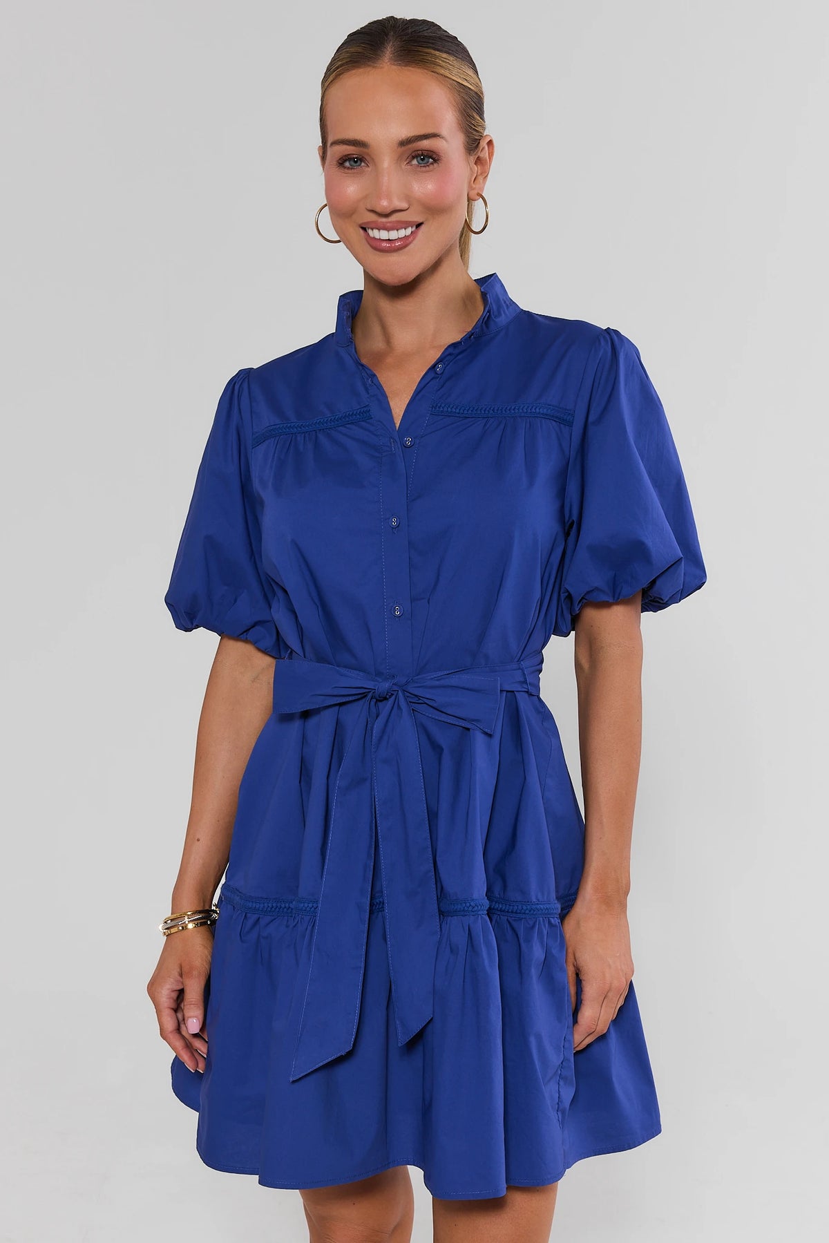 Jane Navy Puff Sleeve Short Dress with tie waist and braided trim - Front View | Avara