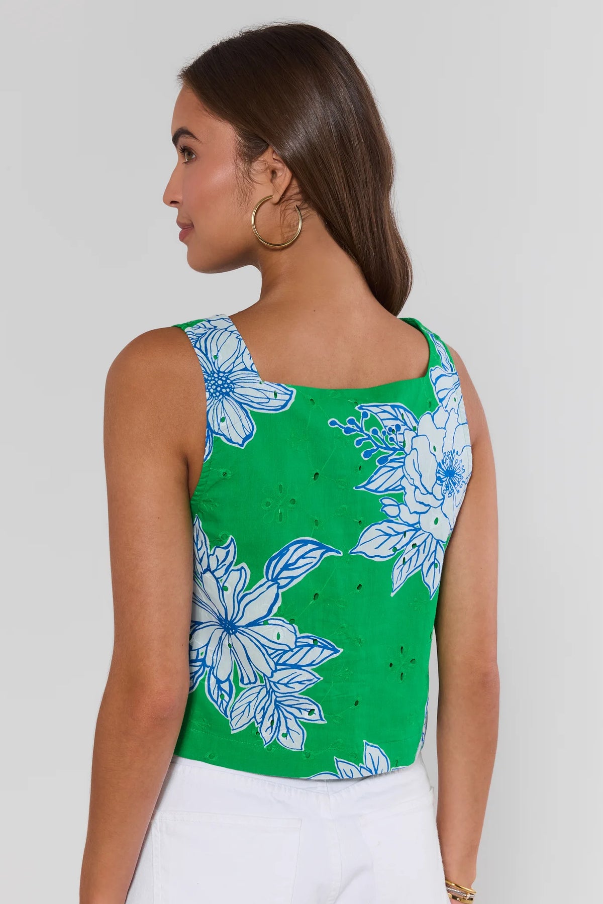 Green floral eyelet tank top for women, back view showing wide straps and eyelet texture | Avara