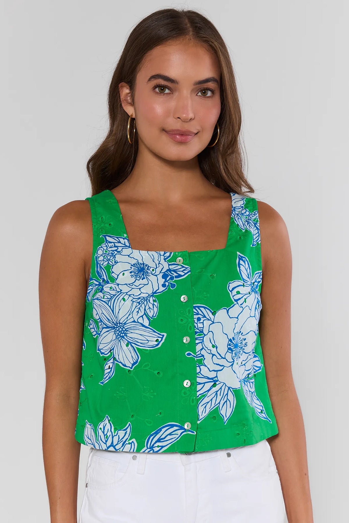 Green floral eyelet tank top with square neckline and button front, on model - Front View | Avara