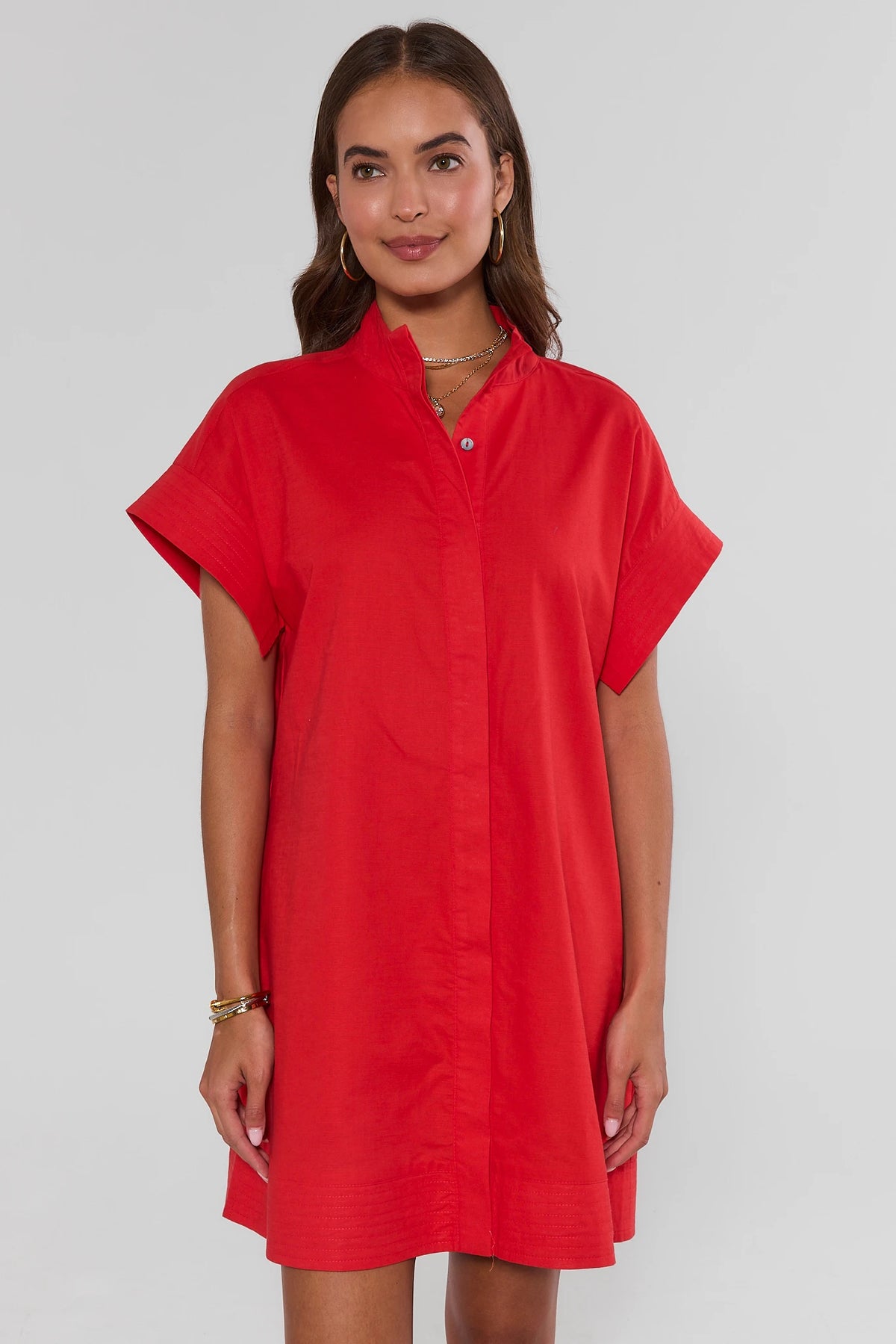 Red Button Up Short Dress - Front View, Relaxed Fit with Band Collar | Avara
