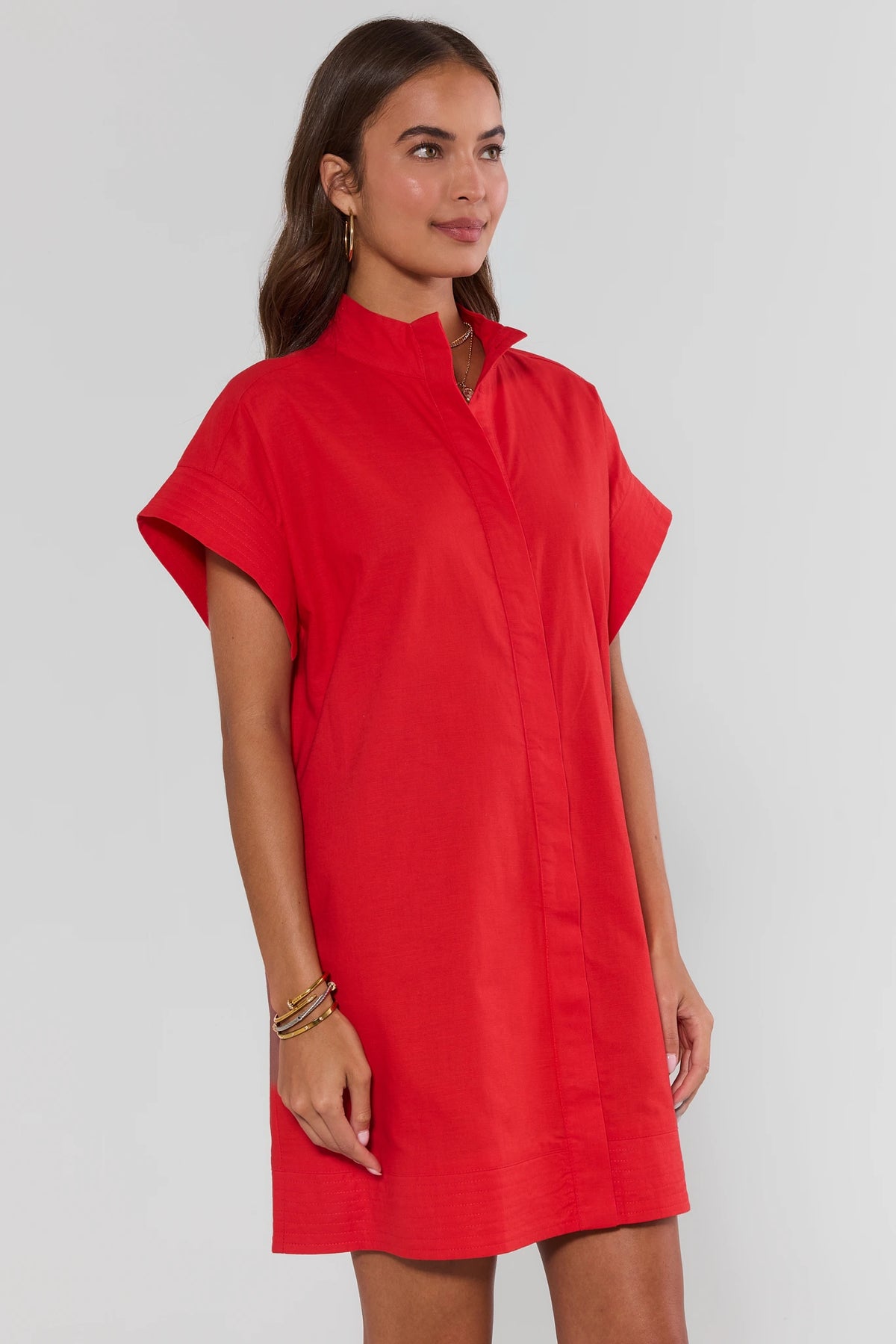Red Button Up Short Dress - Side View, Cap Sleeve & A-Line Silhouette | Avara