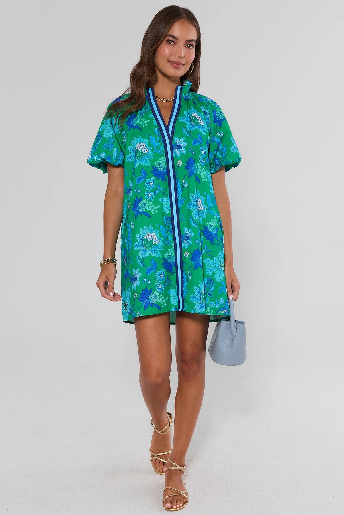 Green Floral Print Short Dress - Full Length Styled Look with Gold Sandals | Avara
