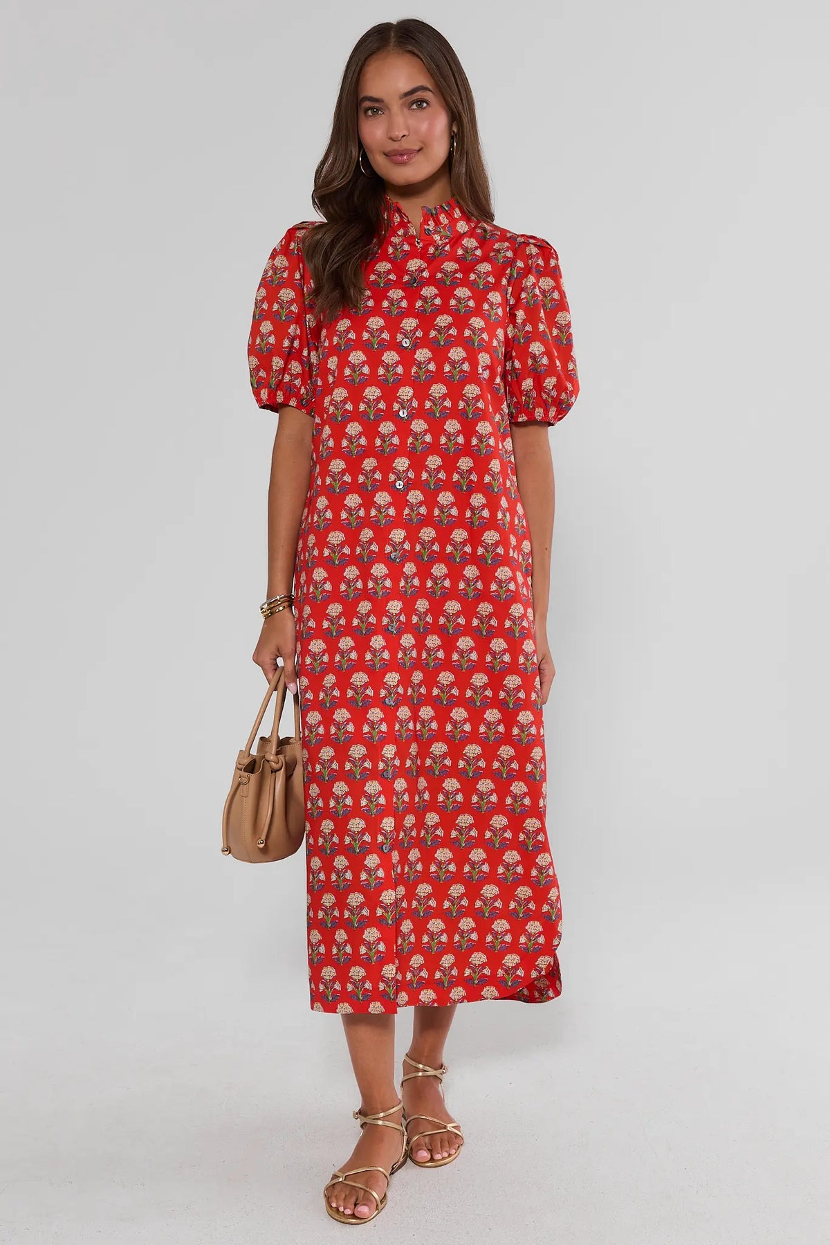 Red floral block print button-up midi dress, puff sleeves, full-length front view on model | Avara