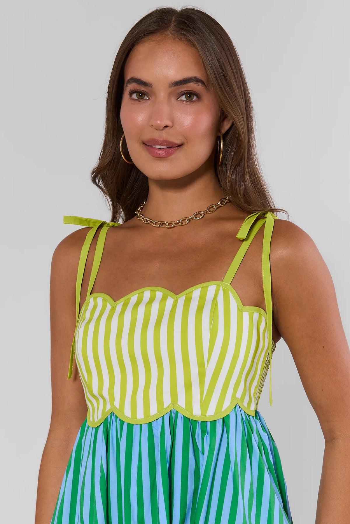 Green and blue striped maxi dress with scallop trim bodice detail - Close-Up Front | Avara