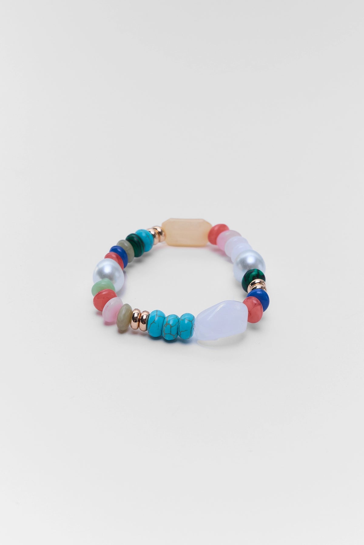 Multicolored Mixed Stone Beaded Bracelet with turquoise, pearl, and gold accents - Flat Lay | Avara