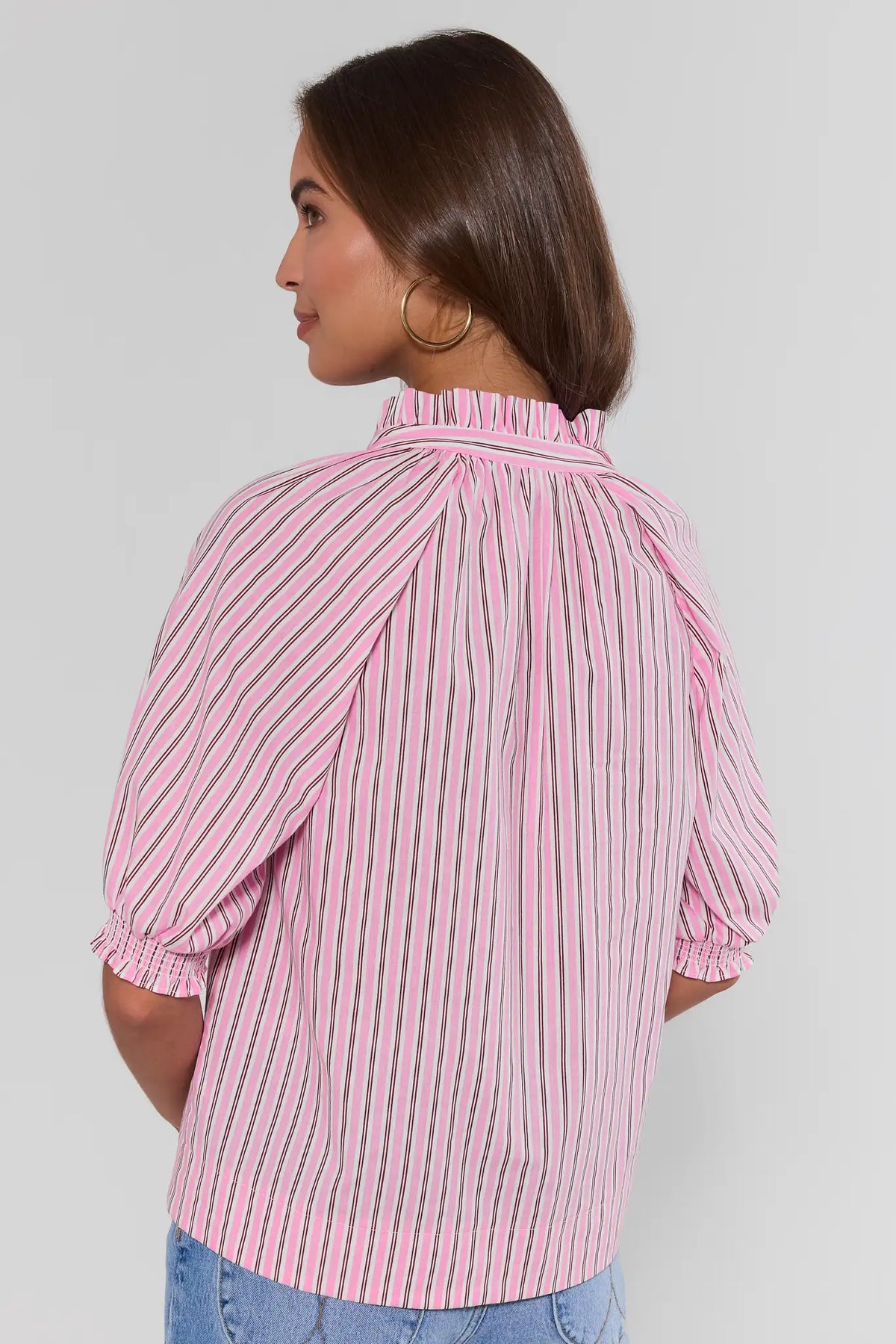 Merrick Pink Striped Split Neck Top showing gathered back and smocked sleeve cuffs - Back View | Avara